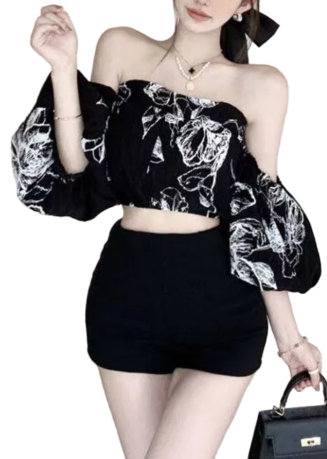 Haut Femme Manches Bouffantes Col Oblique Moderne 2