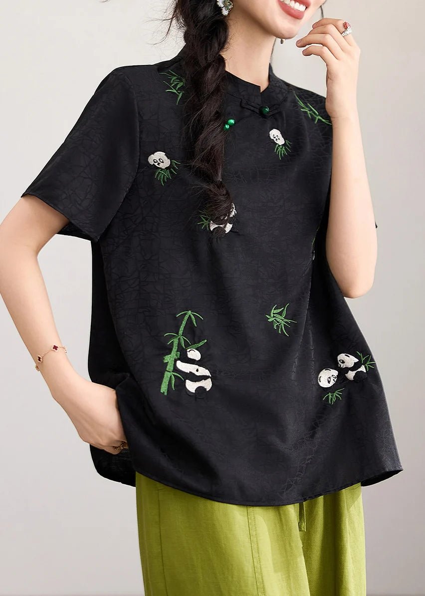 Haut Femme Manches Courtes Brodé Col Montant Style Chinois 1