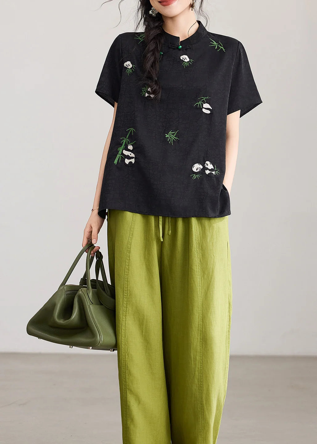 Haut Femme Manches Courtes Brodé Col Montant Style Chinois 3