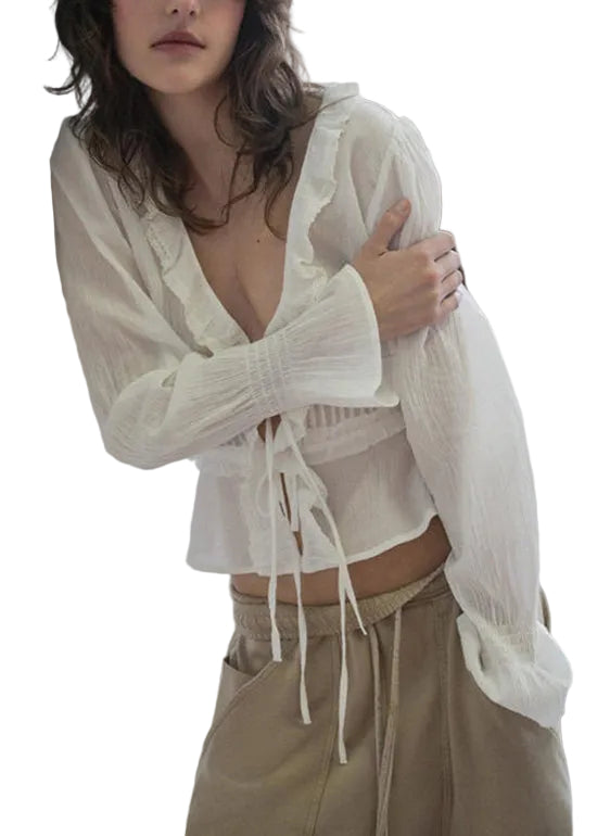 Haut Femme à Lacets et Volants Manches Longues Style Patchwork 0