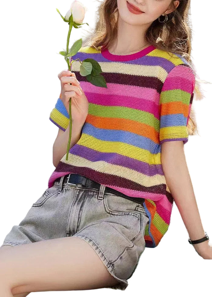Haut Femme à Rayures Multicolores Col Rond 0