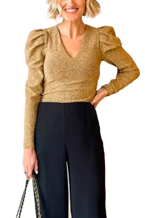 Haut à Manches Longues Col en V Brillant pour Femme 0