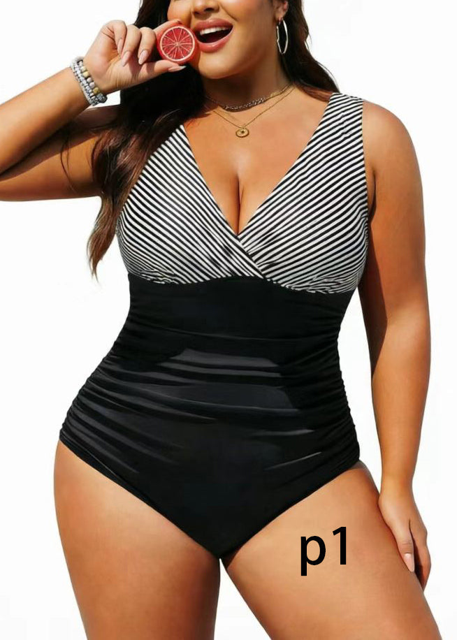 Haut de Maillot de Bain Femme Rayé Col en V Grande Taille 0