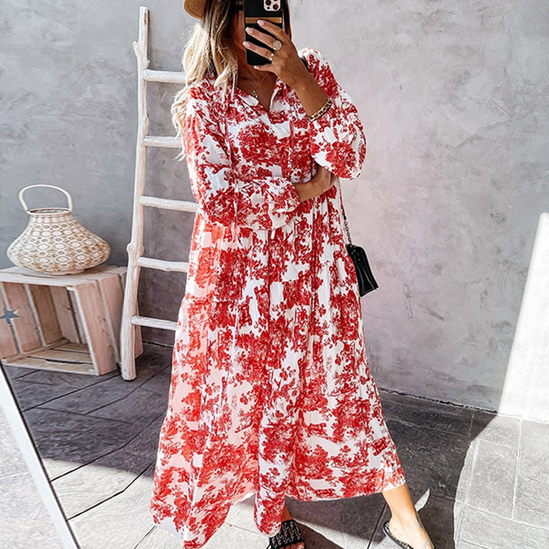 Variant image for Robe Longue Femme Manches Longues Détail Volants Coton Maxi-19