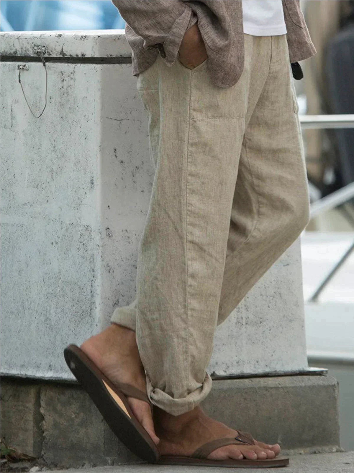 Pantalon Homme Classique en Lin Beige et Gris-2