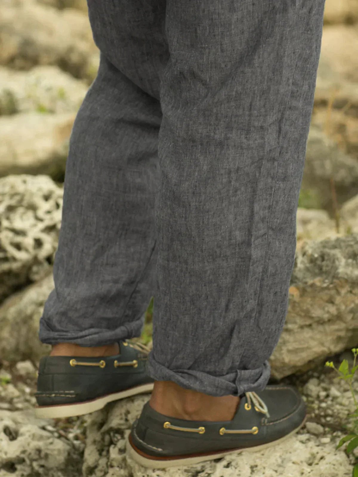Pantalon Homme Classique en Lin Beige et Gris-4