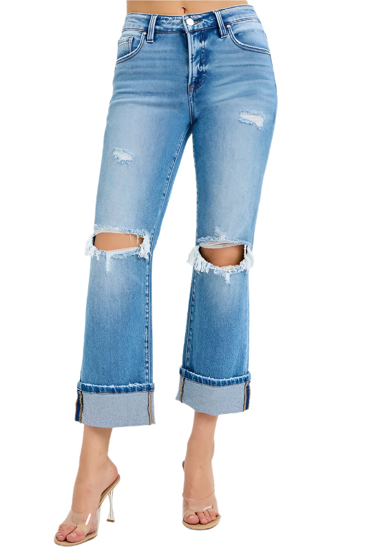 Jean Femme Droit Mi-Haut en Denim avec Ourlet 0
