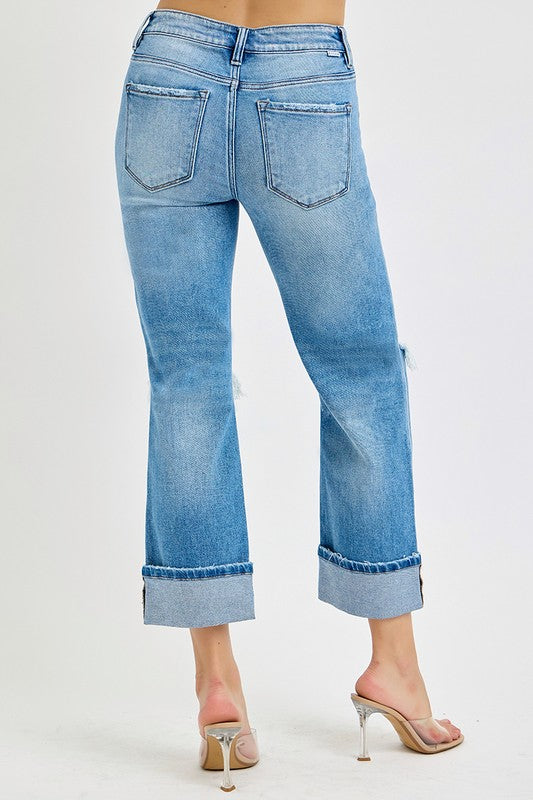 Jean Femme Droit Mi-Haut en Denim avec Ourlet 4