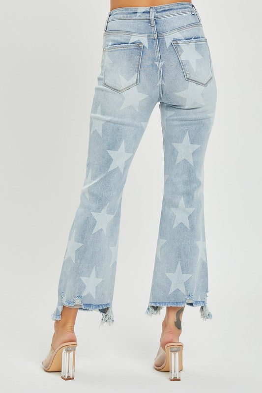 Jeans Droits Femme Taille Haute Imprimé Étoiles Denim Clair 4