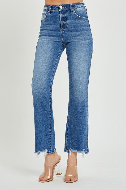 Jeans Droits Taille Haute Détente Femme Denim Foncé 1