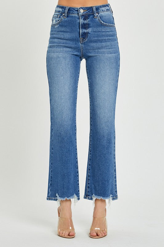 Jeans Droits Taille Haute Détente Femme Denim Foncé 2