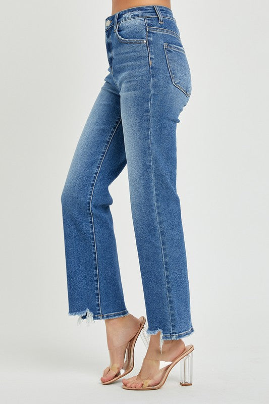 Jeans Droits Taille Haute Détente Femme Denim Foncé 3