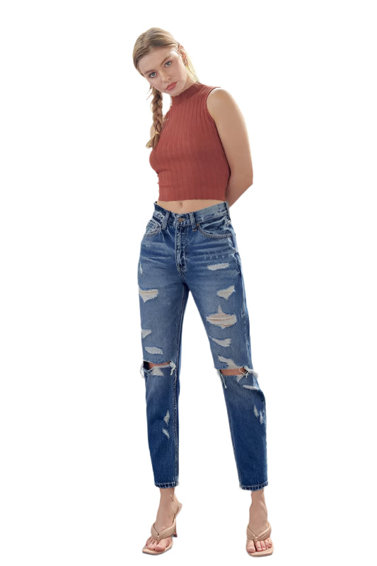 Jeans Femme Mom Fit Taille Haute Denim 0