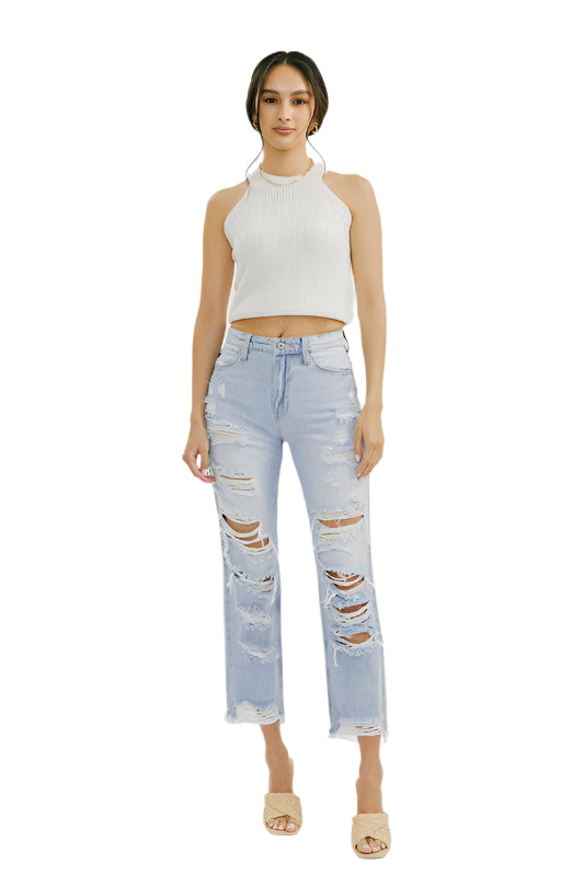 Jeans Femme Taille Haute Délavés Denim Clair 0