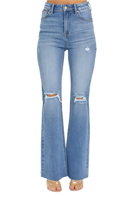 Jeans Flare Taille Haute Délavés Femme Denim Moyen 0