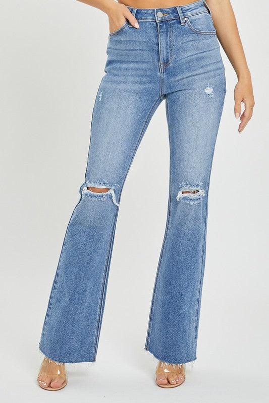 Jeans Flare Taille Haute Délavés Femme Denim Moyen 1