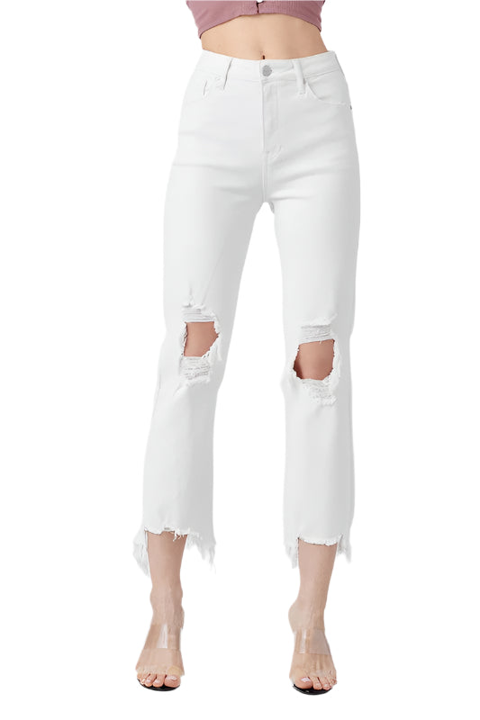 Jeans droits taille haute pour femmes en blanc 0