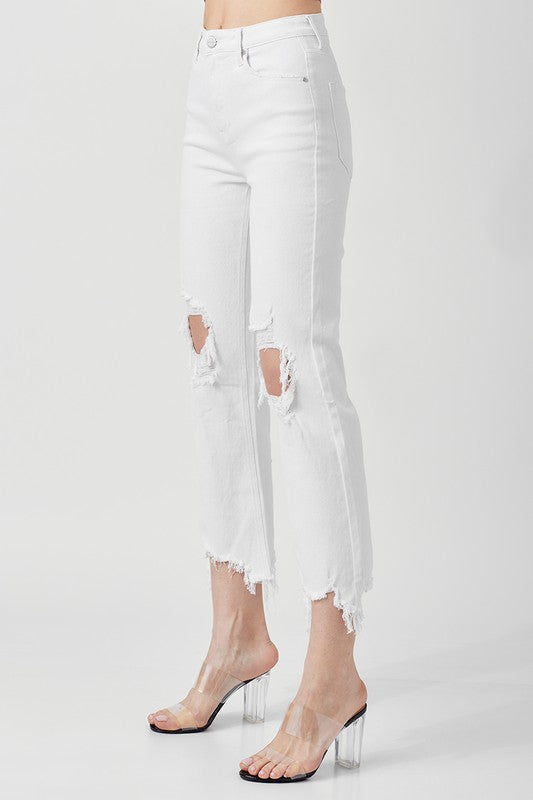 Jeans droits taille haute pour femmes en blanc 1