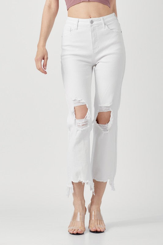Jeans droits taille haute pour femmes en blanc 2