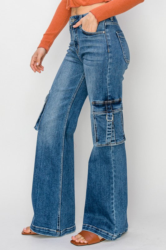 Jeans larges à taille haute avec poches cargo pour femmes en denim 3