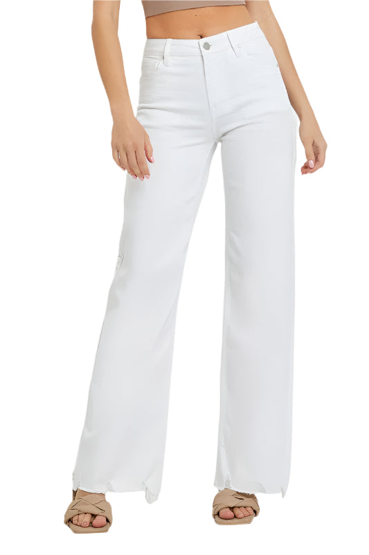 Jeans larges taille haute pour femme en blanc 0