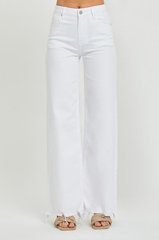 Jeans larges taille haute pour femme en blanc 1