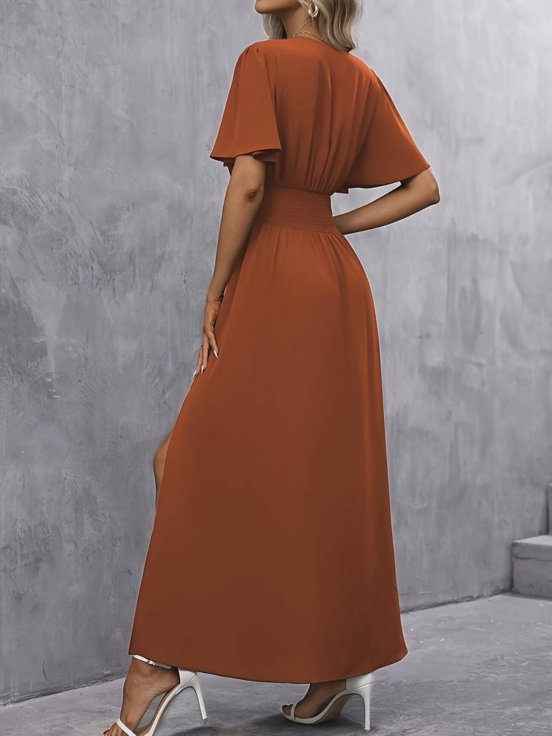 Robe Femme Élégante Col Volant Taille Plissée Tissu Fluide-4