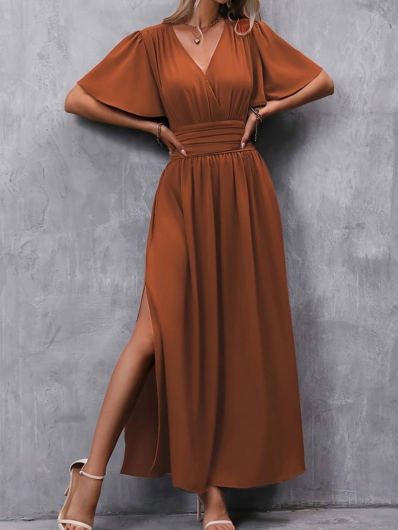 Robe Femme Élégante Col Volant Taille Plissée Tissu Fluide-5