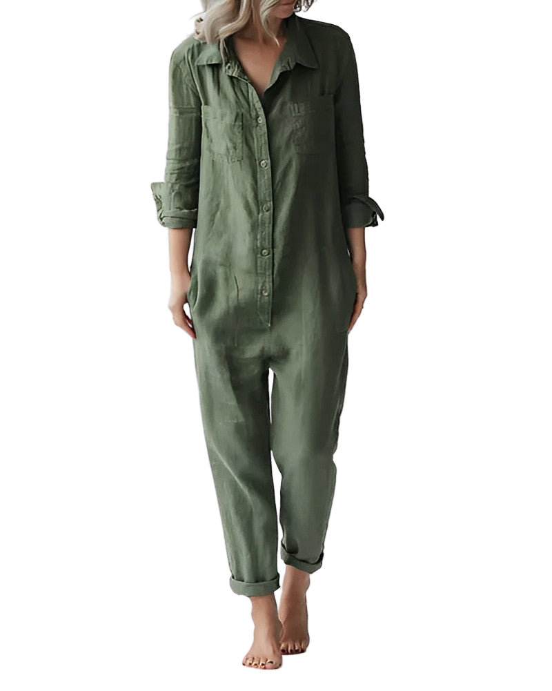 Jumpsuit Femme Chic Vert Décontracté Long Avec Manches Courtes 0