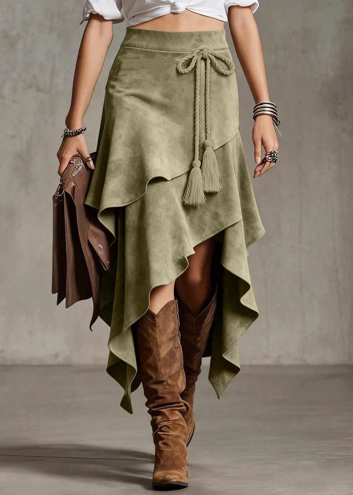 Jupe Femme Asymétrique à Lacets Style Superposé 1