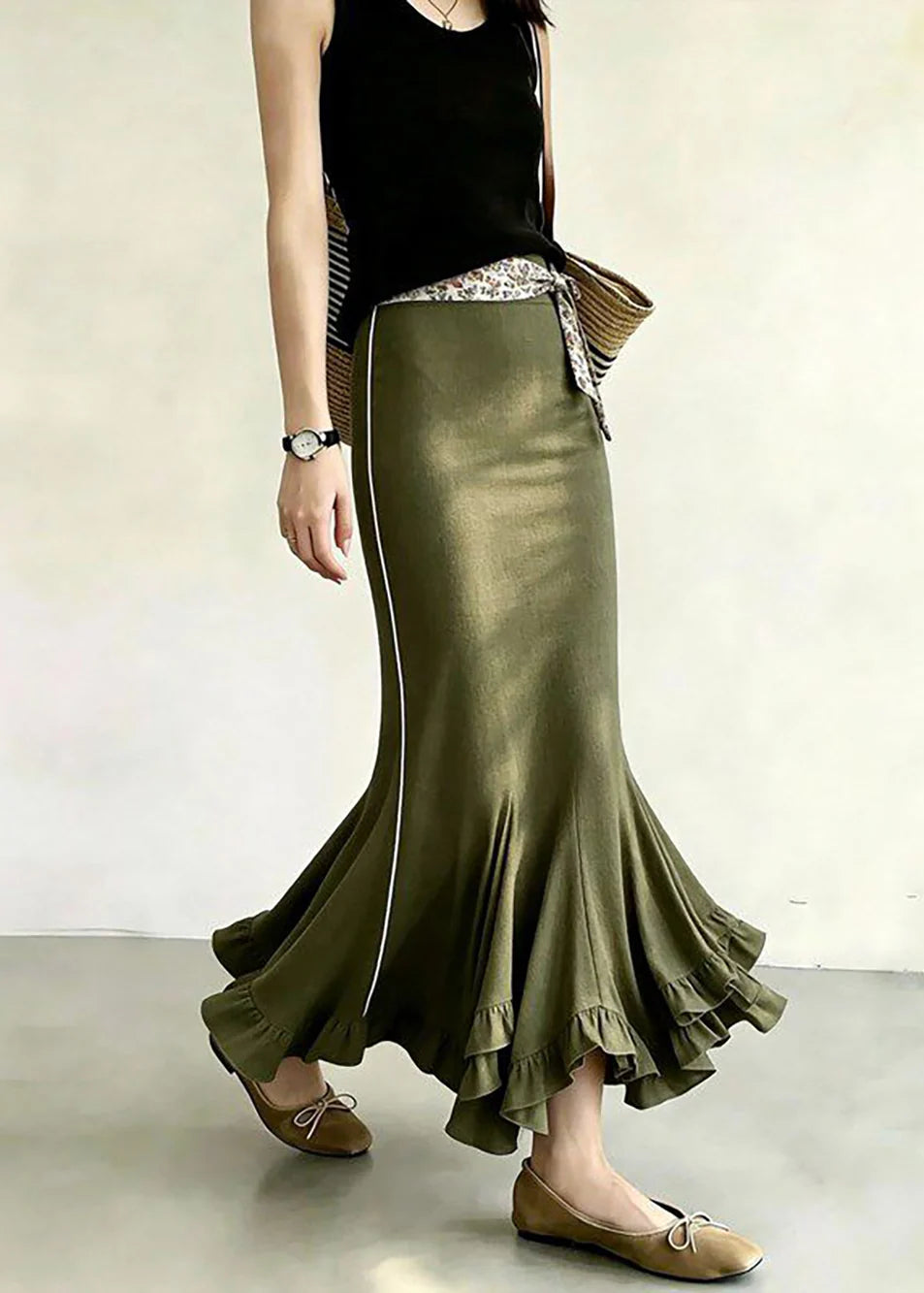 Jupe Femme Style Sirène Taille Haute avec Volants 2