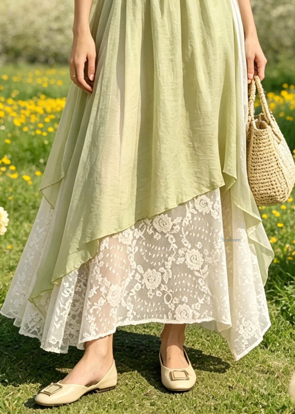 Jupe Trapèze en Dentelle Verte à Taille Élastique 3