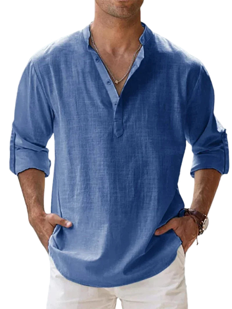 Variant image for Chemise Homme Bleu Col Mao Lin Coton Chic Confortable-1