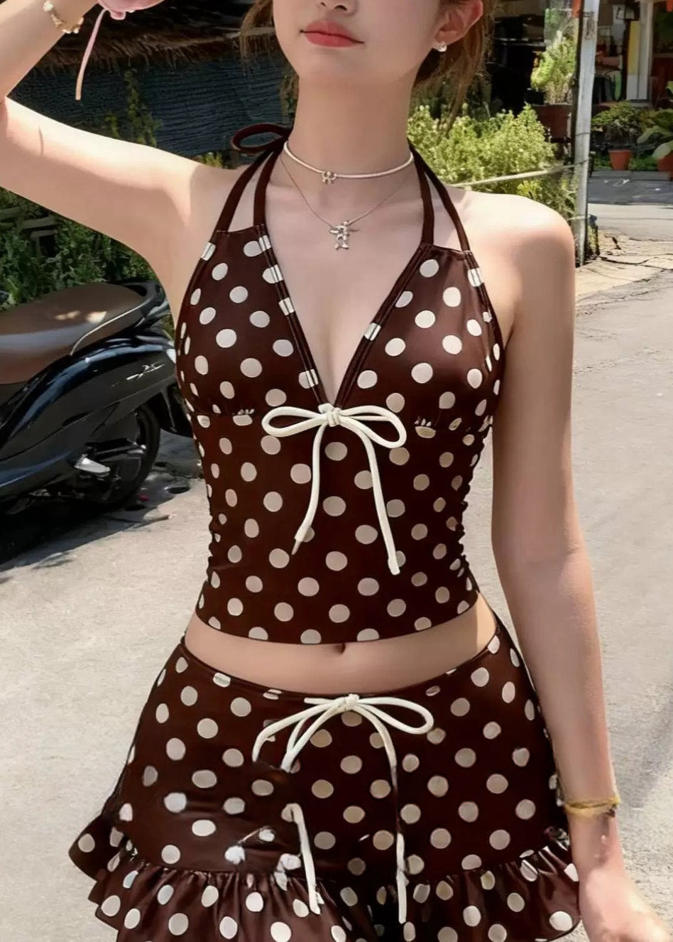 Maillot de Bain Femme à Volants Imprimé Marron 1