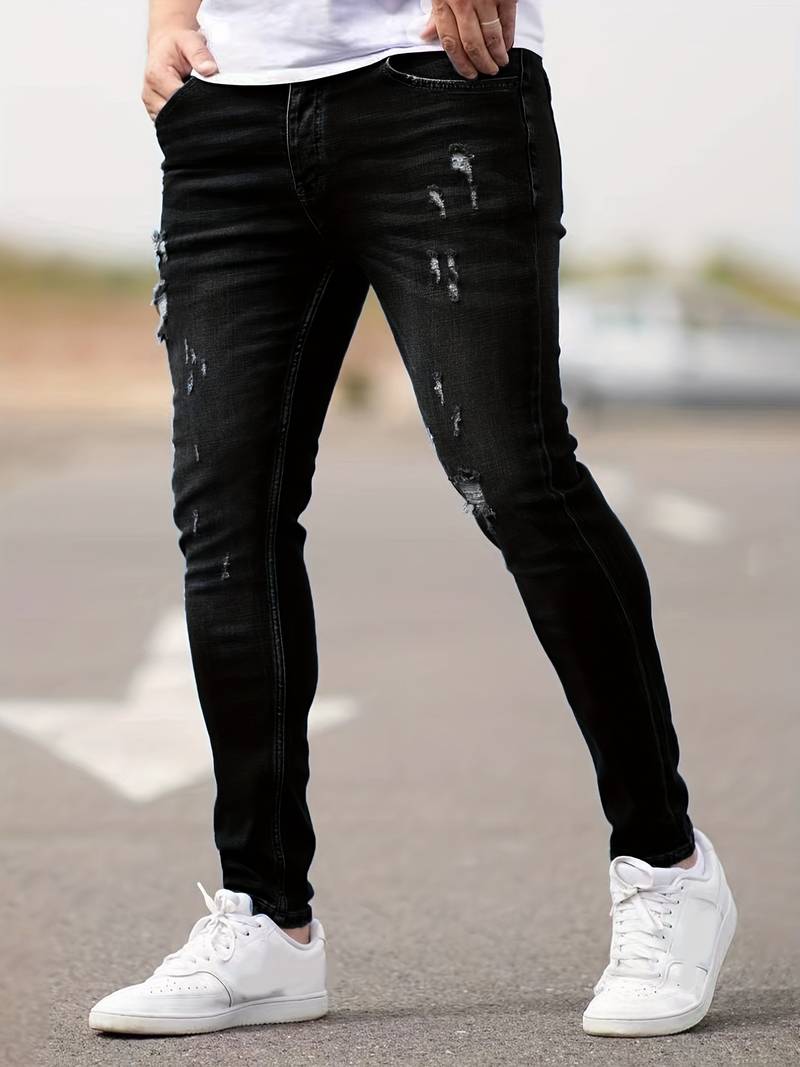 Jean Homme Déchiré Moderne en Denim Ajusté-1