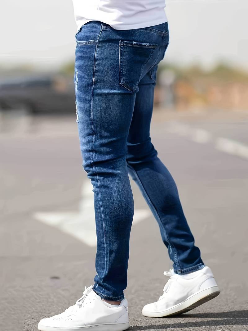 Jean Homme Déchiré Moderne en Denim Ajusté-4