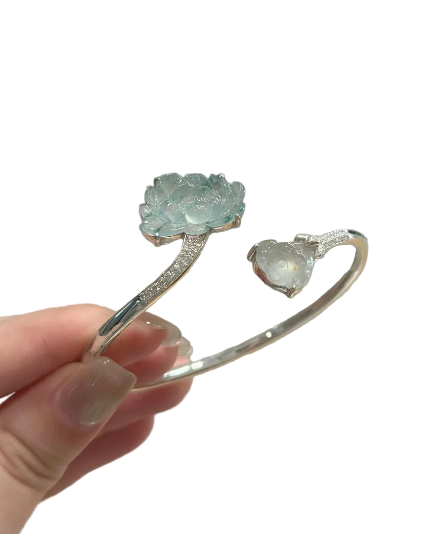 Manchette Femme Style Chinois Lotus en Jade et Argent Sterling 0