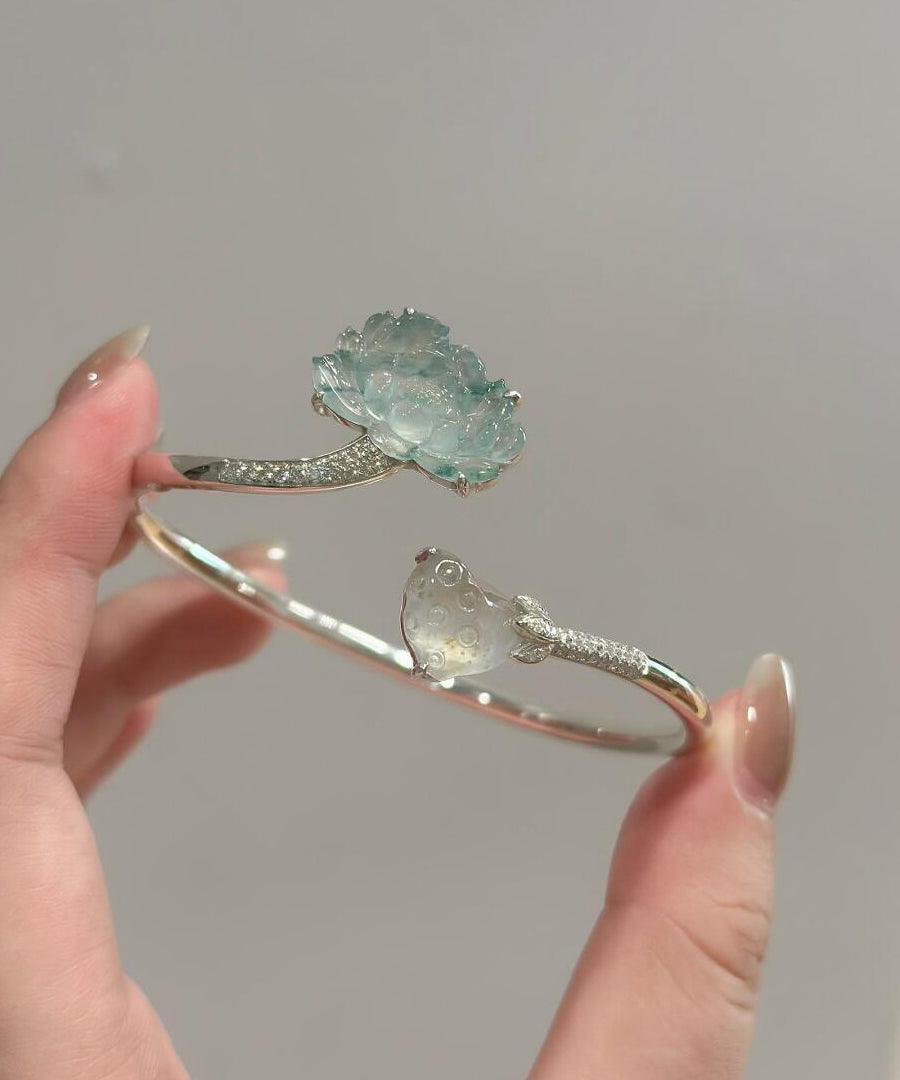 Manchette Femme Style Chinois Lotus en Jade et Argent Sterling 1