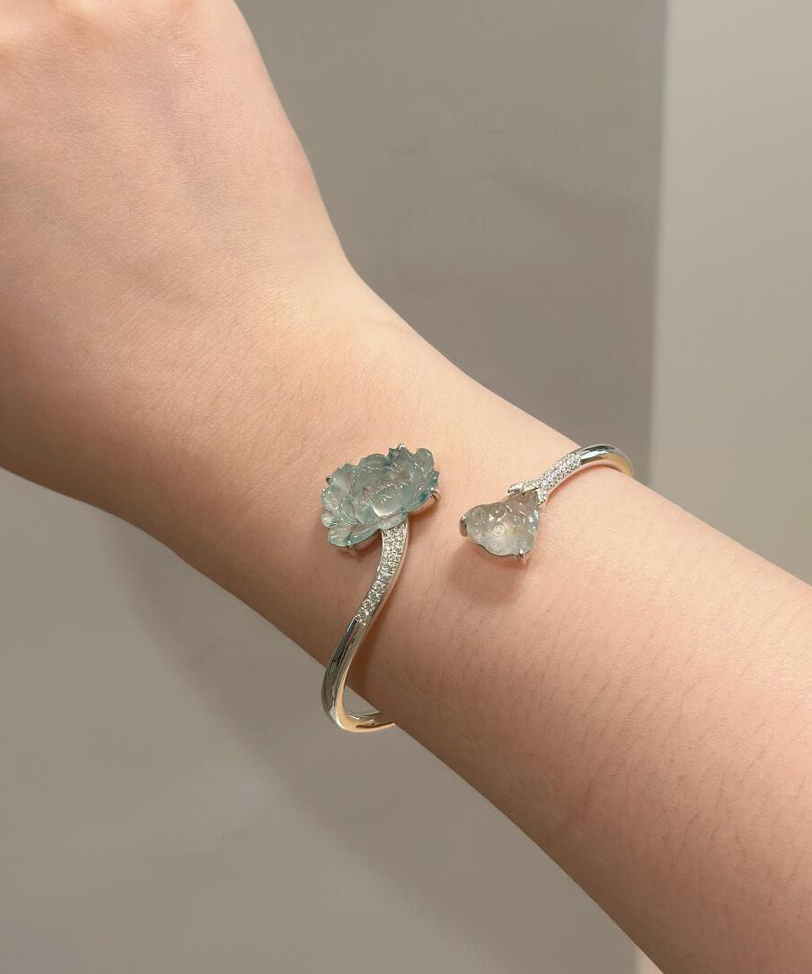 Manchette Femme Style Chinois Lotus en Jade et Argent Sterling 2