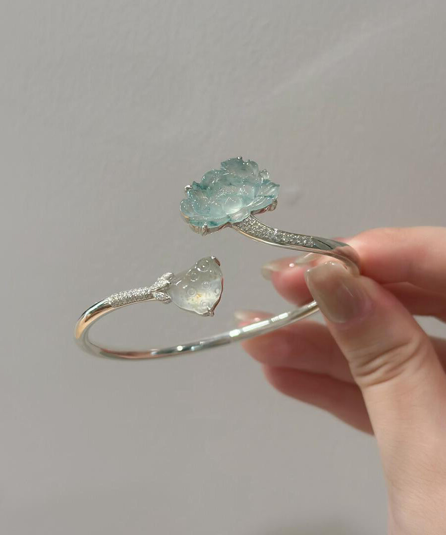 Manchette Femme Style Chinois Lotus en Jade et Argent Sterling 3