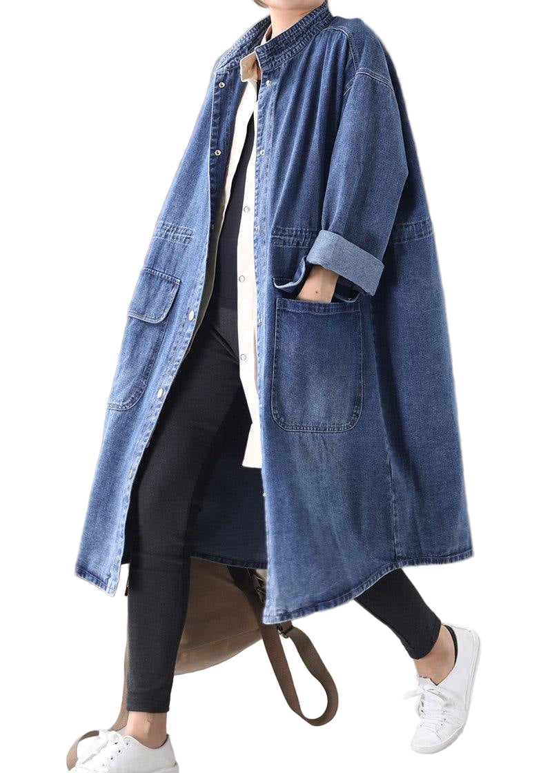 Manteau Box en Denim Bleu pour Femme Grande Taille avec Col Montant et Cordons 0