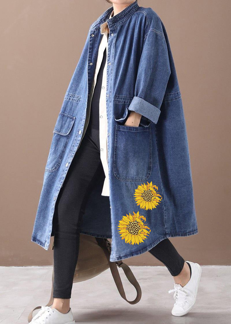 Manteau Box en Denim Bleu pour Femme Grande Taille avec Col Montant et Cordons 5