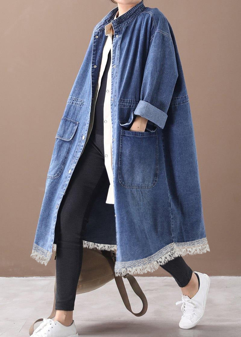 Manteau Box en Denim Bleu pour Femme Grande Taille avec Col Montant et Cordons 6