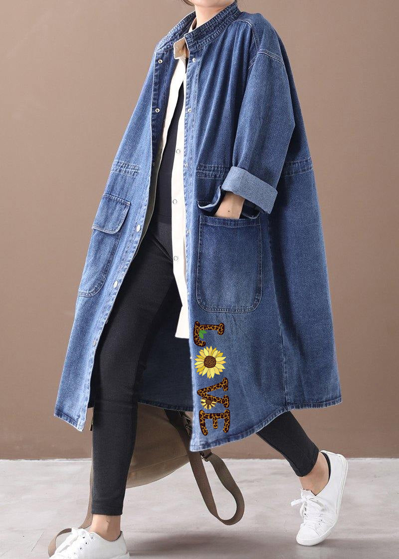 Manteau Box en Denim Bleu pour Femme Grande Taille avec Col Montant et Cordons 7