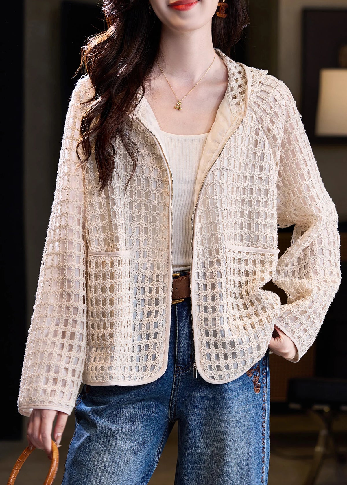 Manteau Femme Automnal à Capuche Style Maille Ajourée 1