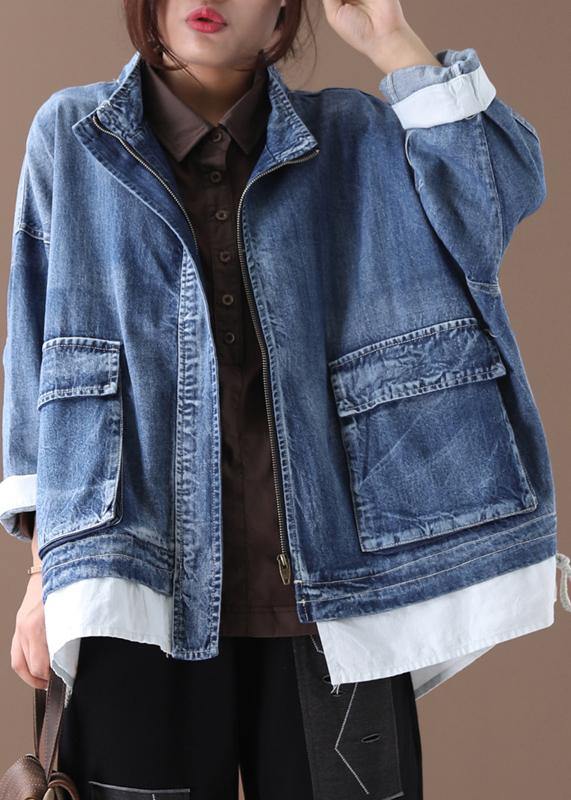 Manteau Femme Col Montant Zippé en Denim 1
