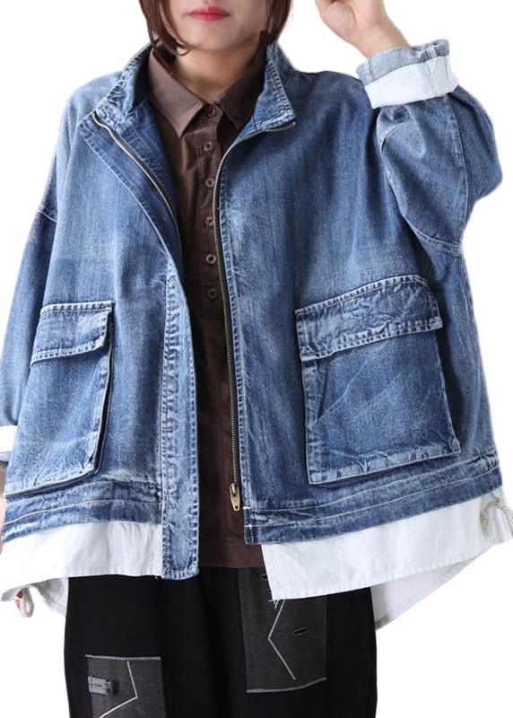 Manteau Femme Col Montant Zippé en Denim 2