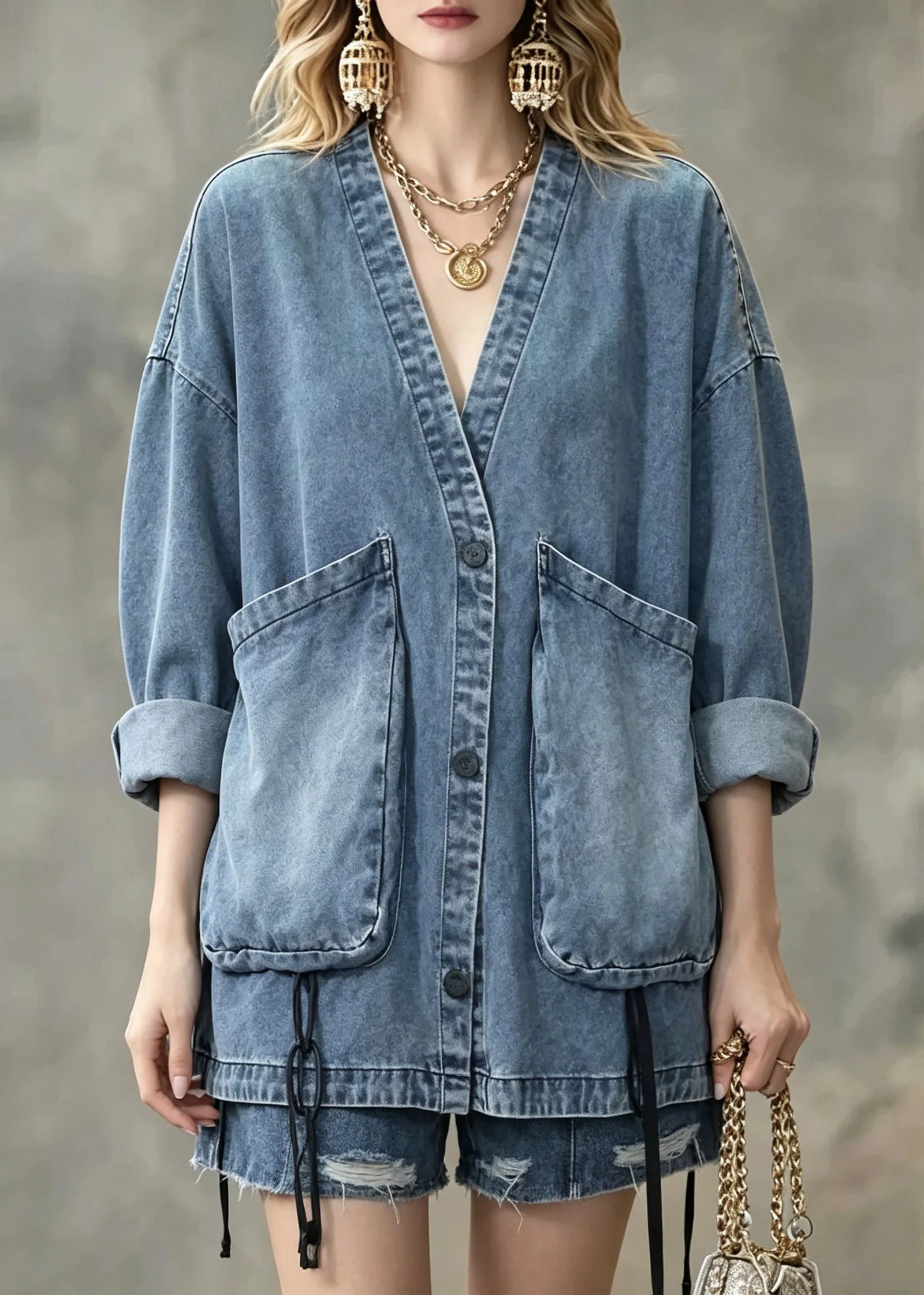 Manteau Femme Denim Patchwork Manches Longues 2