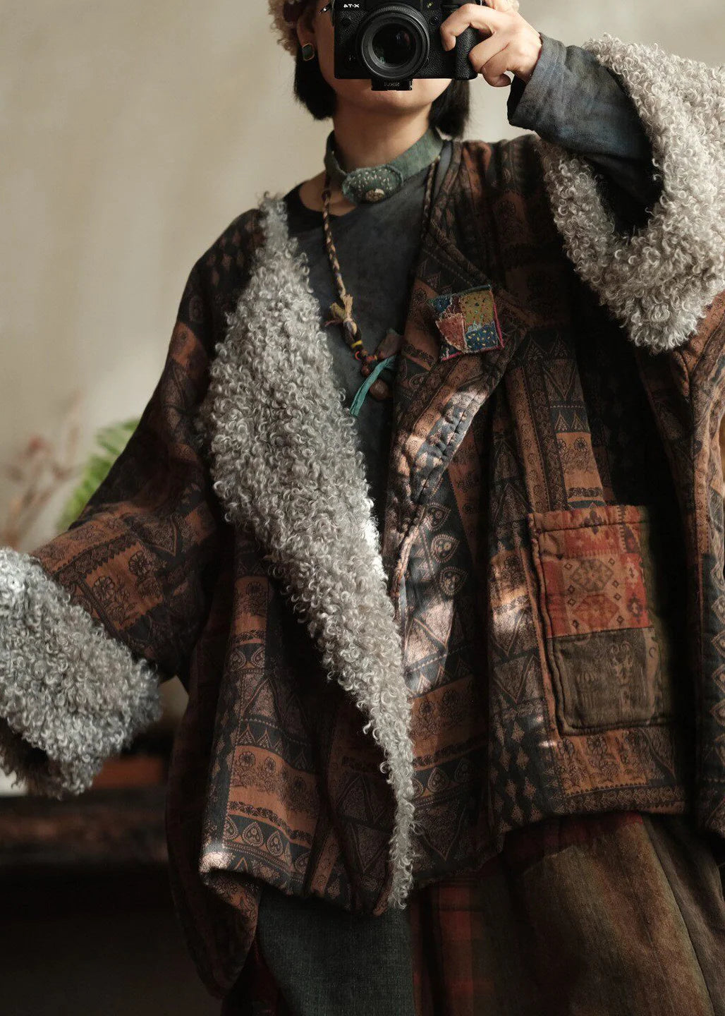 Manteau Femme Grande Taille Col Claudine Patchwork Imprimé Hiver 3