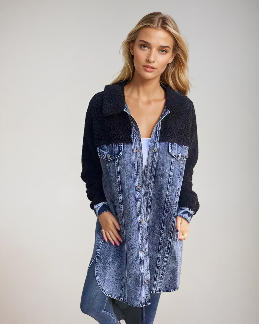 Manteau Femme Hiver Long Denim Avec Accents En Laine 1